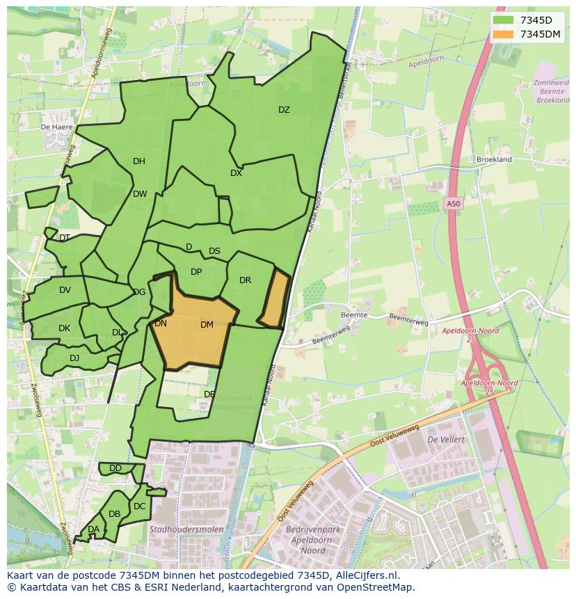 Afbeelding van het postcodegebied 7345 DM op de kaart.