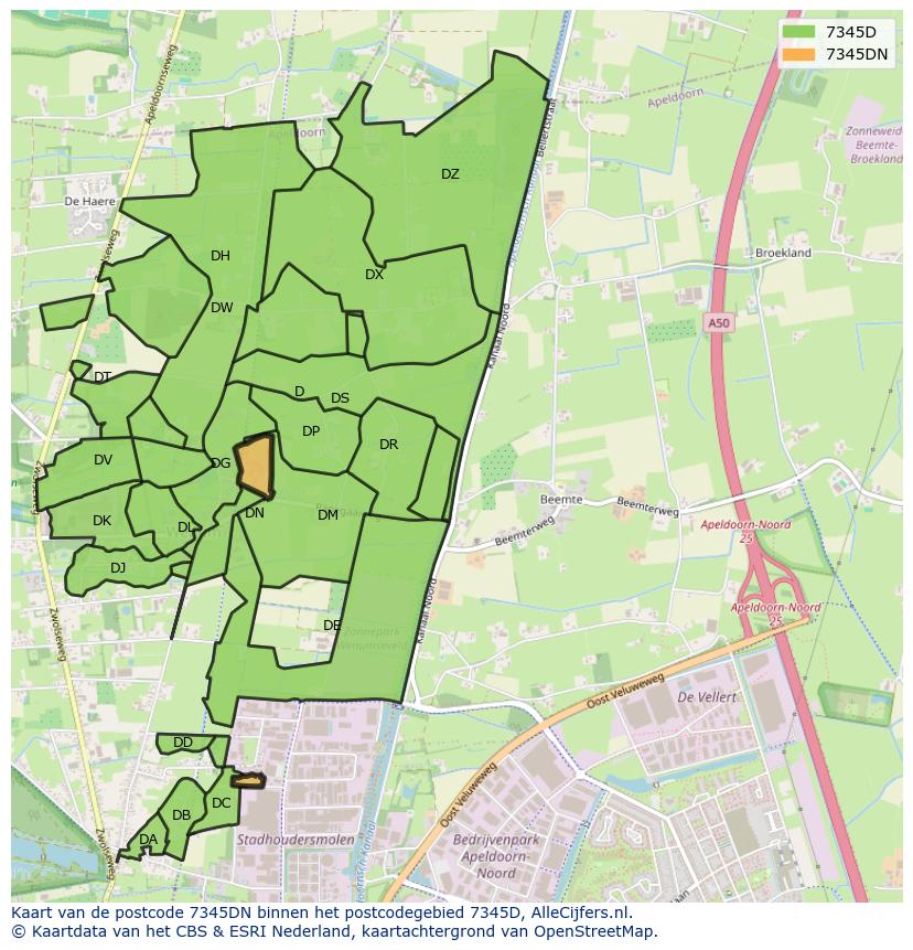 Afbeelding van het postcodegebied 7345 DN op de kaart.
