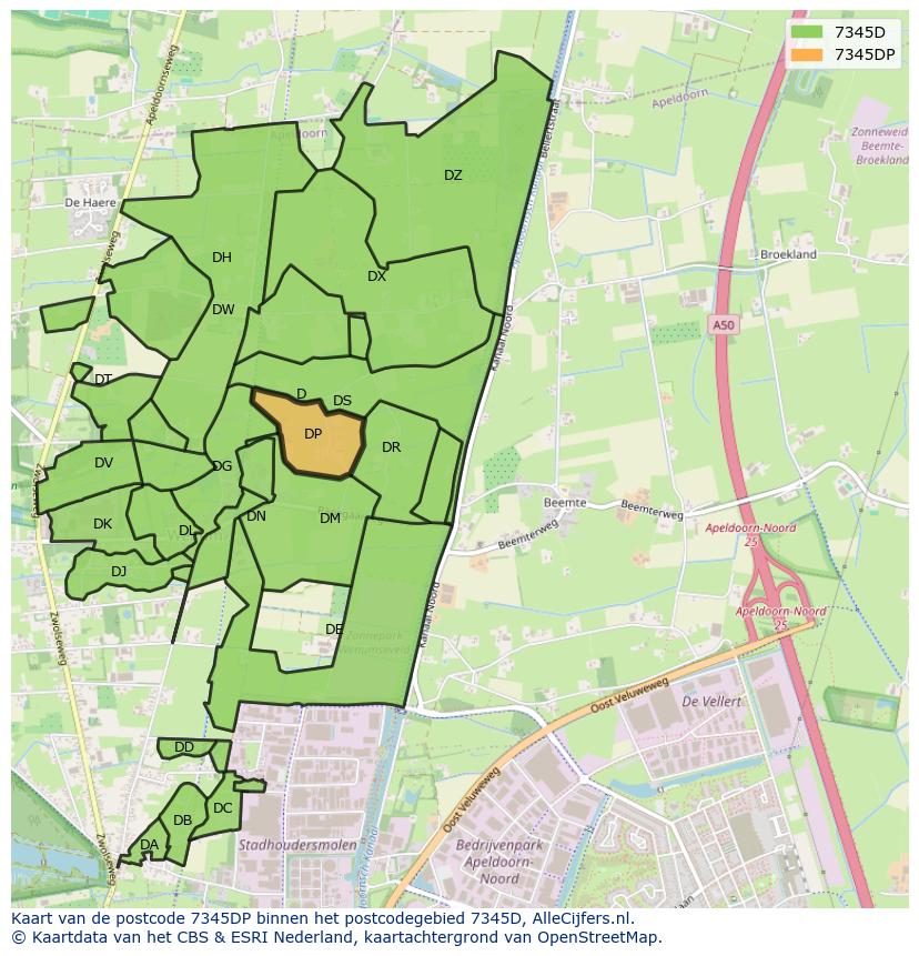 Afbeelding van het postcodegebied 7345 DP op de kaart.
