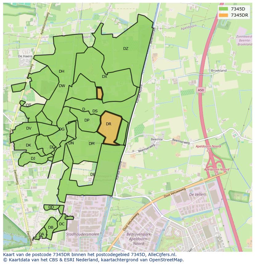 Afbeelding van het postcodegebied 7345 DR op de kaart.