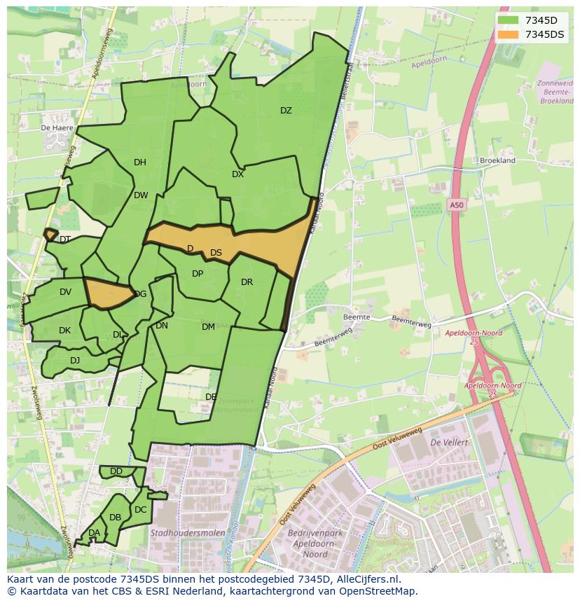 Afbeelding van het postcodegebied 7345 DS op de kaart.
