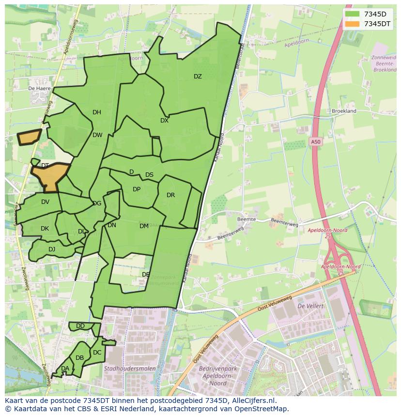 Afbeelding van het postcodegebied 7345 DT op de kaart.
