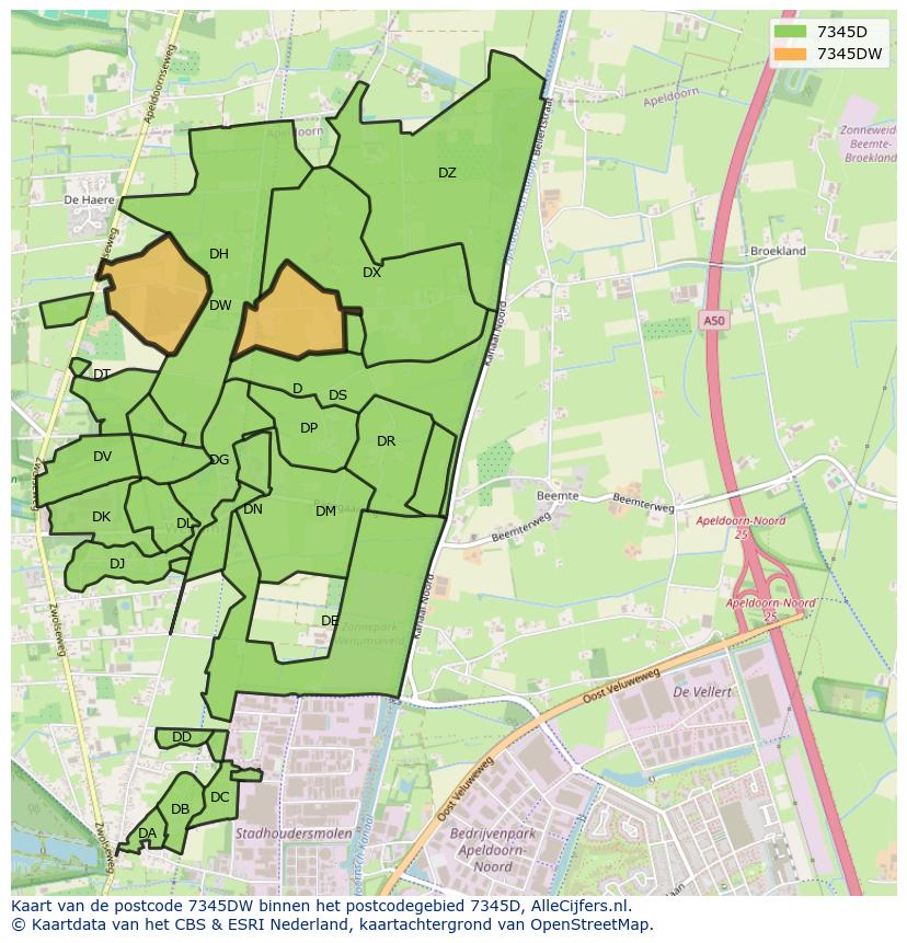 Afbeelding van het postcodegebied 7345 DW op de kaart.