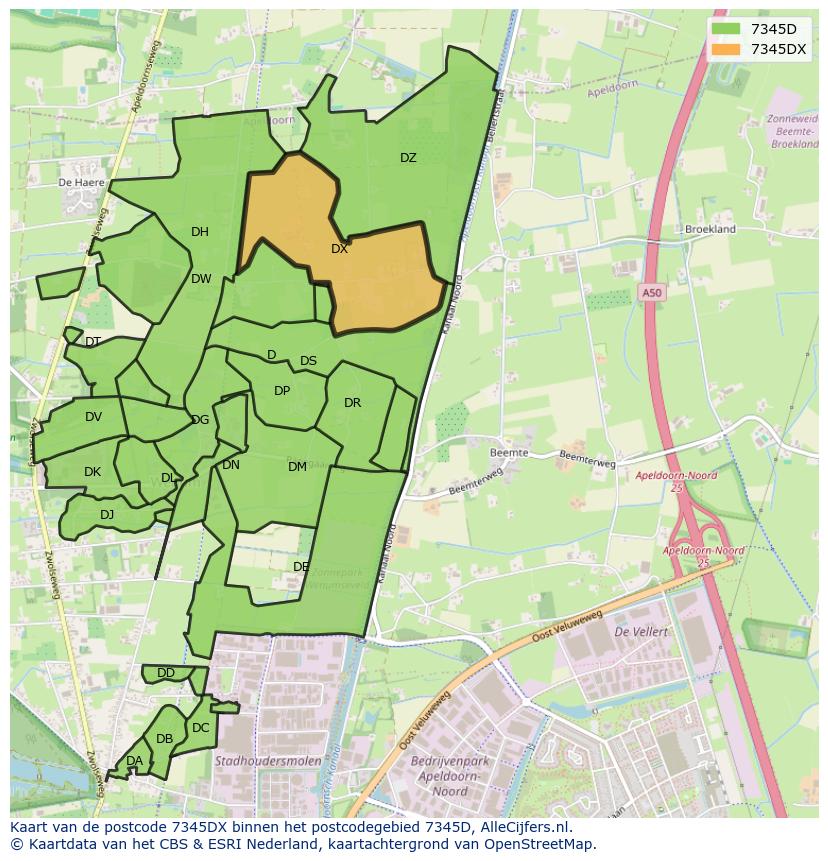 Afbeelding van het postcodegebied 7345 DX op de kaart.