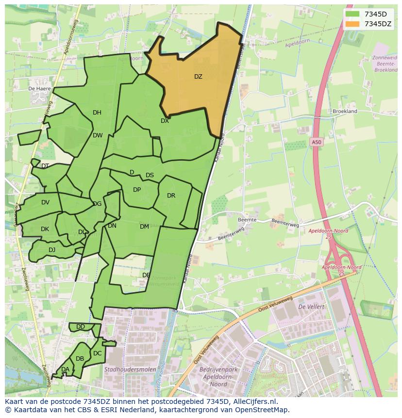 Afbeelding van het postcodegebied 7345 DZ op de kaart.