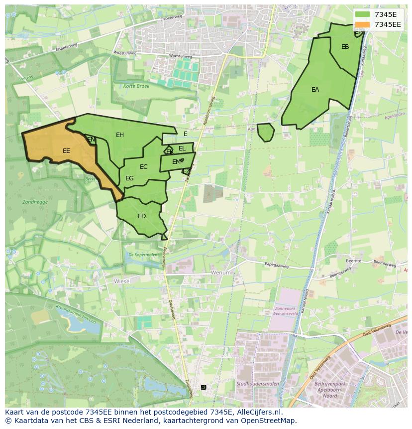 Afbeelding van het postcodegebied 7345 EE op de kaart.