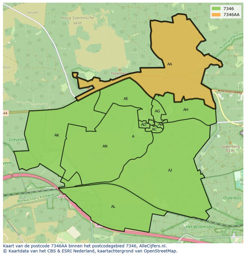 Afbeelding van het postcodegebied 7346 AA op de kaart.