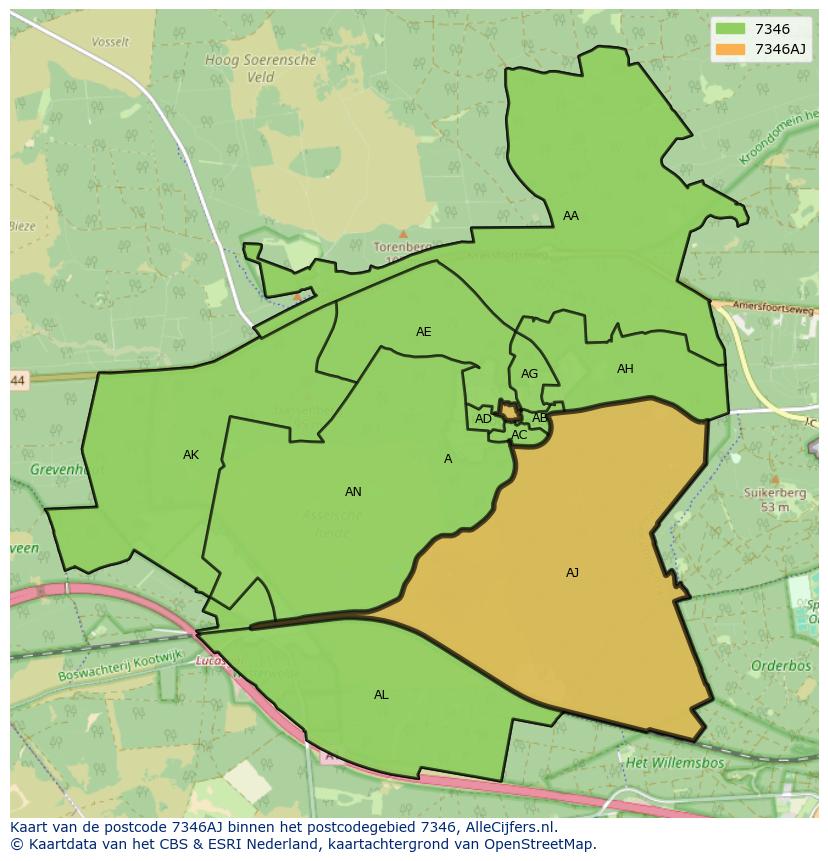 Afbeelding van het postcodegebied 7346 AJ op de kaart.