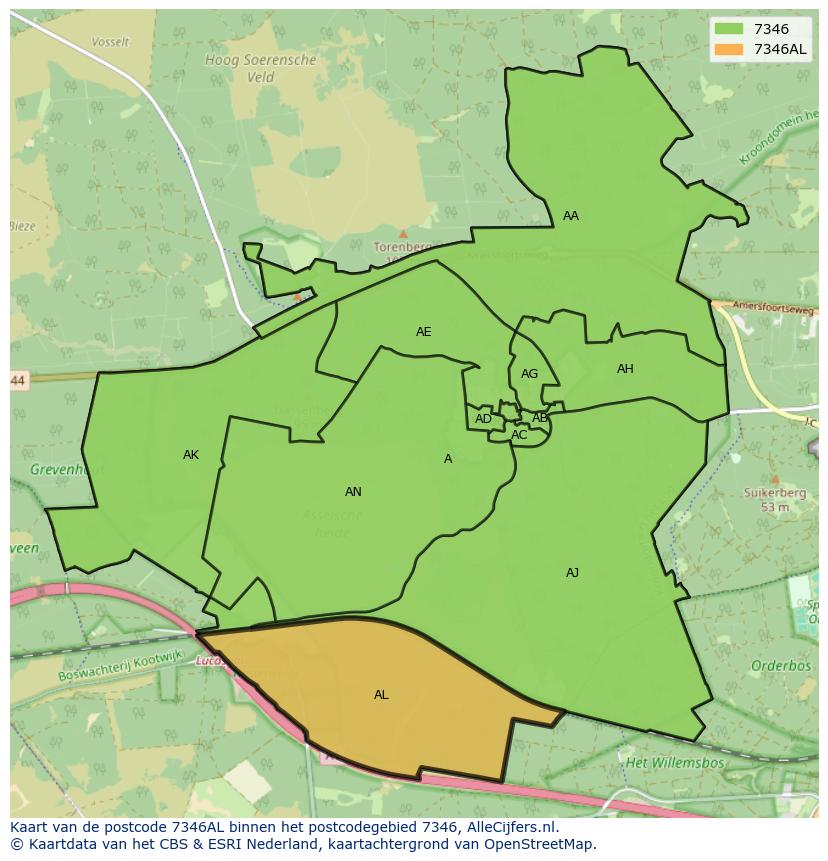 Afbeelding van het postcodegebied 7346 AL op de kaart.