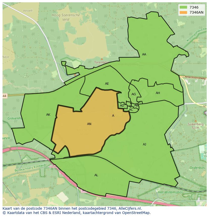 Afbeelding van het postcodegebied 7346 AN op de kaart.