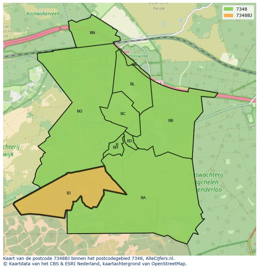 Afbeelding van het postcodegebied 7348 BJ op de kaart.