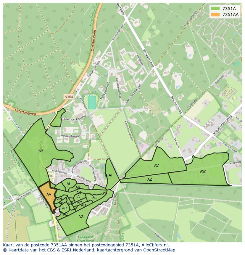 Afbeelding van het postcodegebied 7351 AA op de kaart.