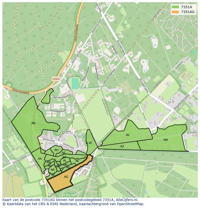 Afbeelding van het postcodegebied 7351 AG op de kaart.