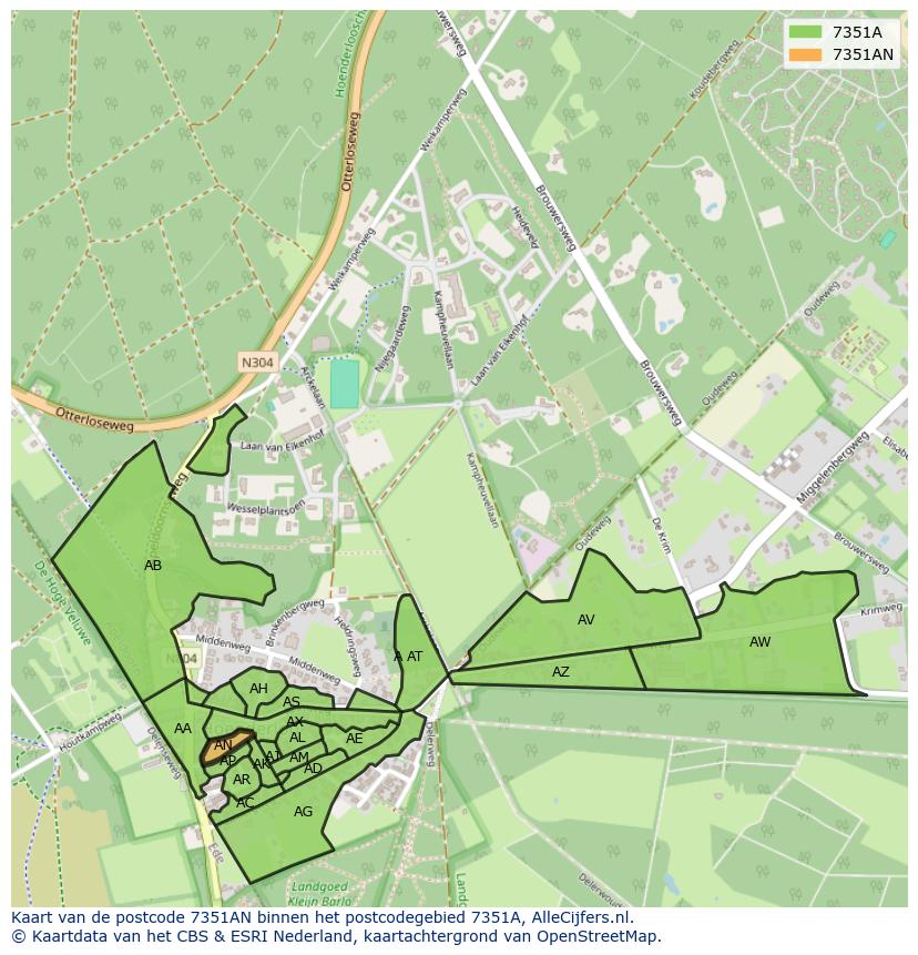 Afbeelding van het postcodegebied 7351 AN op de kaart.