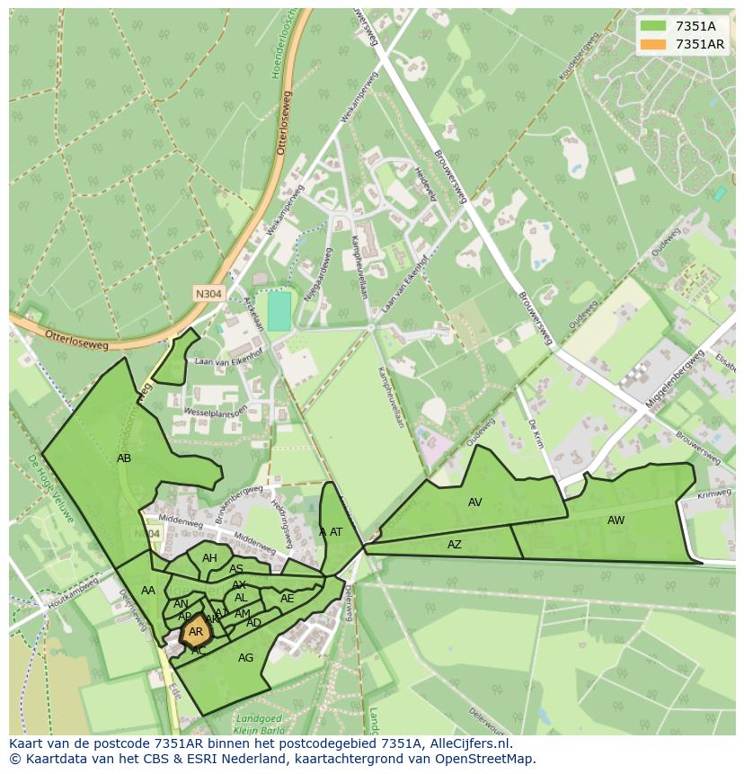 Afbeelding van het postcodegebied 7351 AR op de kaart.