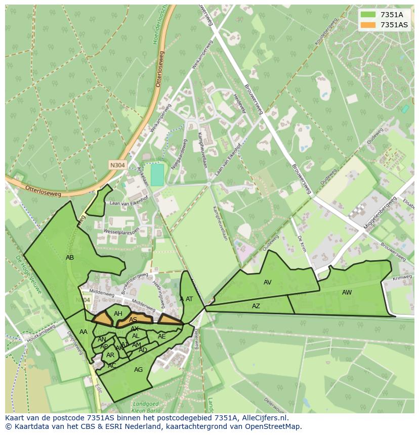 Afbeelding van het postcodegebied 7351 AS op de kaart.