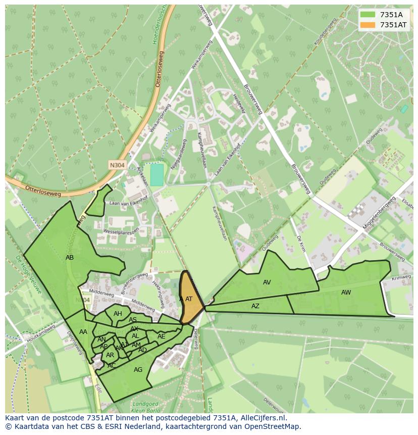 Afbeelding van het postcodegebied 7351 AT op de kaart.