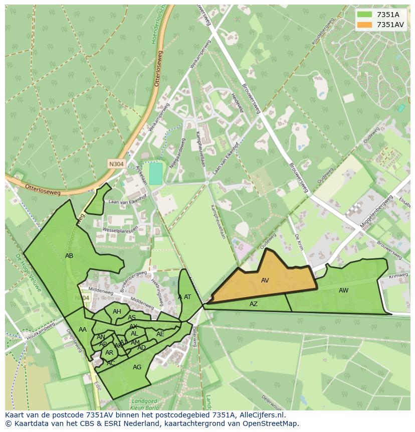 Afbeelding van het postcodegebied 7351 AV op de kaart.