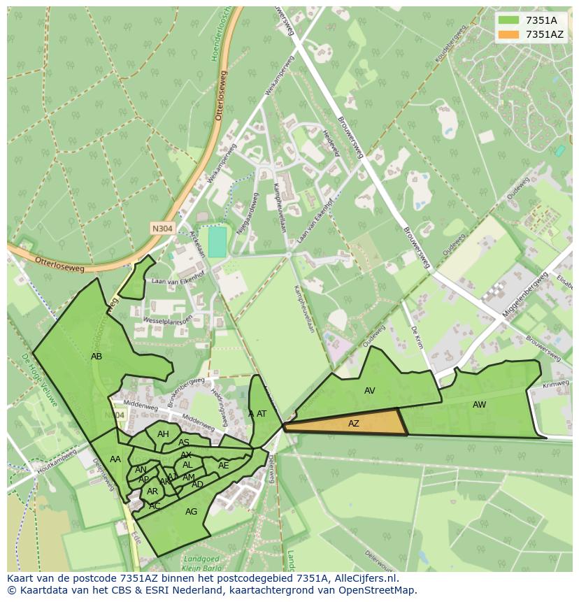 Afbeelding van het postcodegebied 7351 AZ op de kaart.