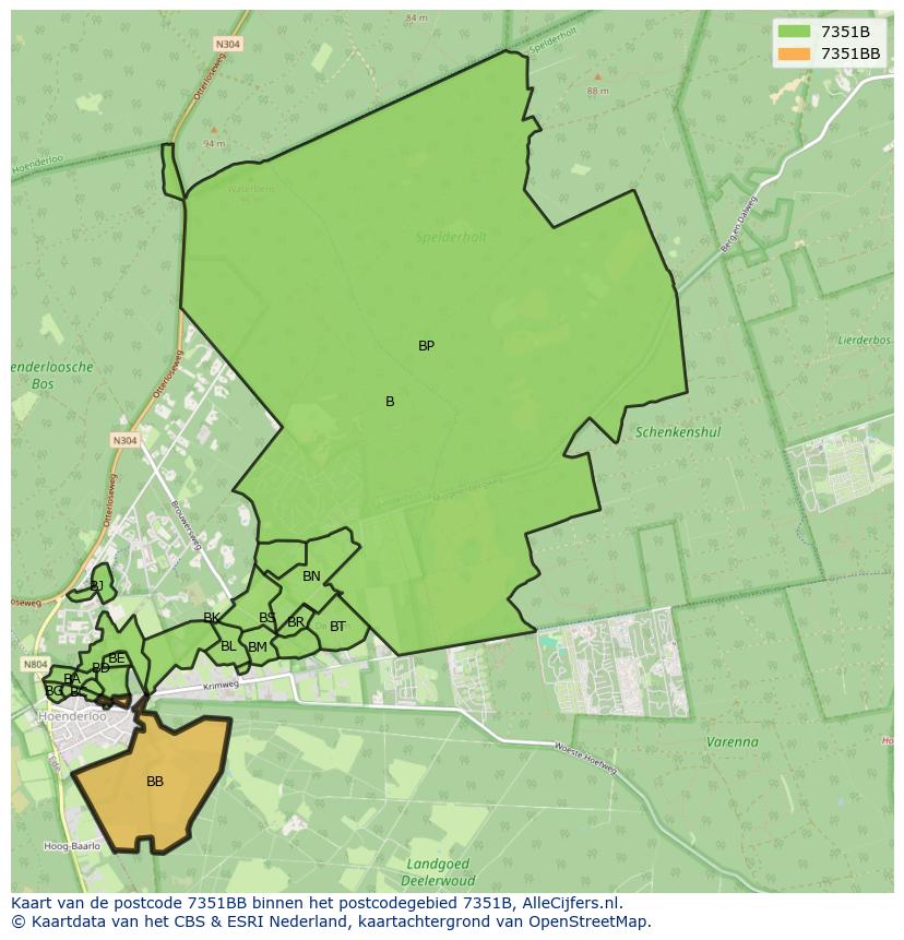 Afbeelding van het postcodegebied 7351 BB op de kaart.