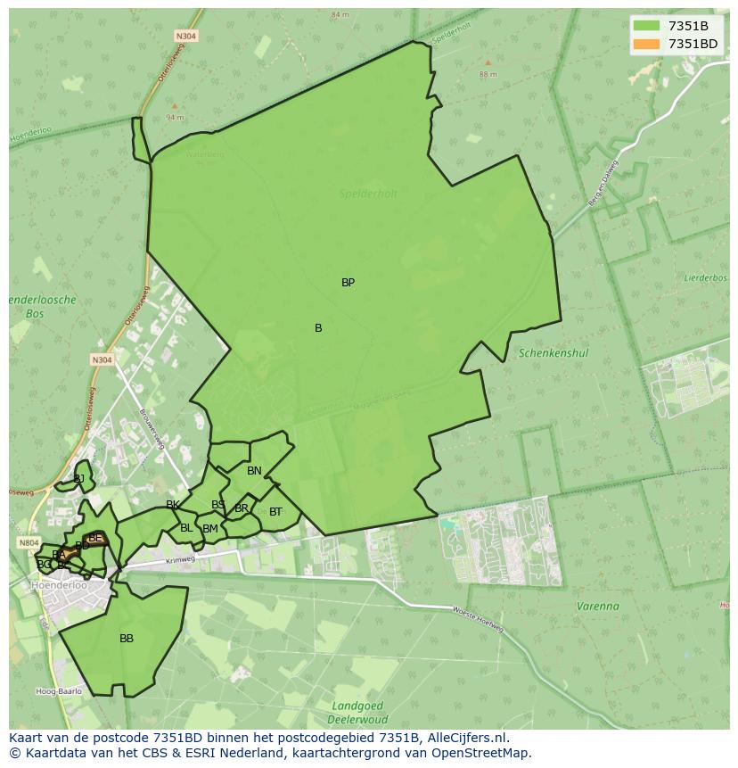 Afbeelding van het postcodegebied 7351 BD op de kaart.