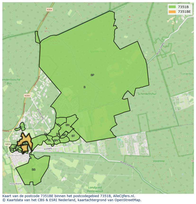 Afbeelding van het postcodegebied 7351 BE op de kaart.