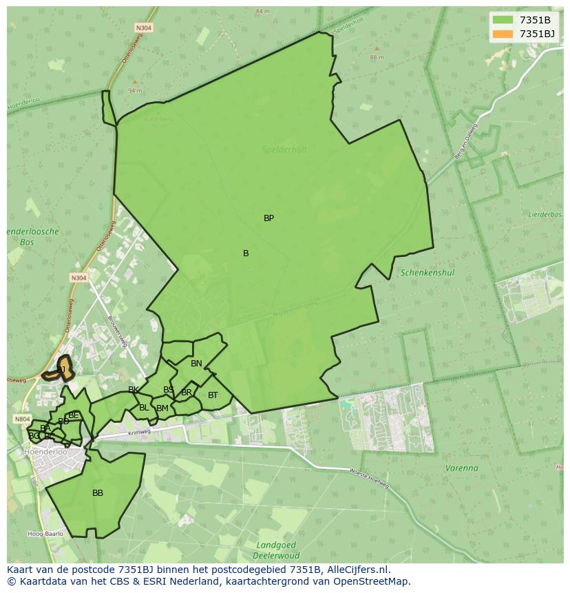 Afbeelding van het postcodegebied 7351 BJ op de kaart.