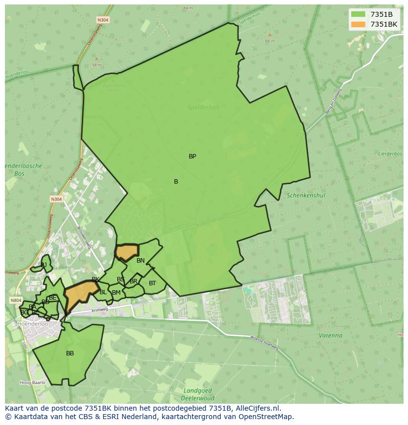 Afbeelding van het postcodegebied 7351 BK op de kaart.
