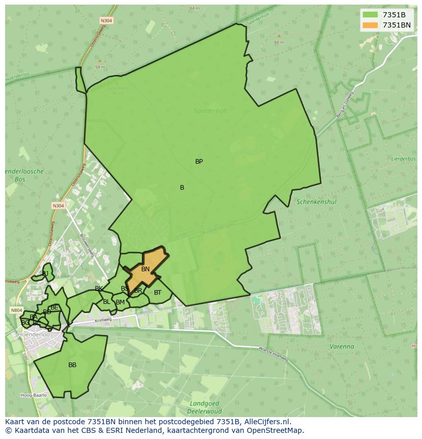 Afbeelding van het postcodegebied 7351 BN op de kaart.