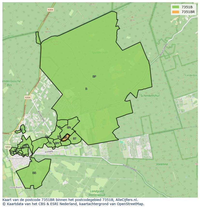 Afbeelding van het postcodegebied 7351 BR op de kaart.