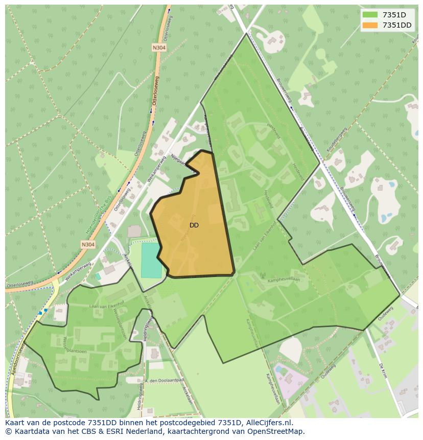 Afbeelding van het postcodegebied 7351 DD op de kaart.