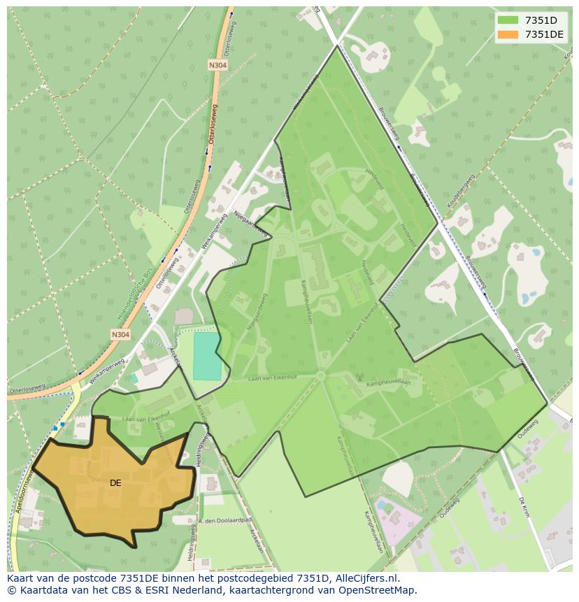 Afbeelding van het postcodegebied 7351 DE op de kaart.