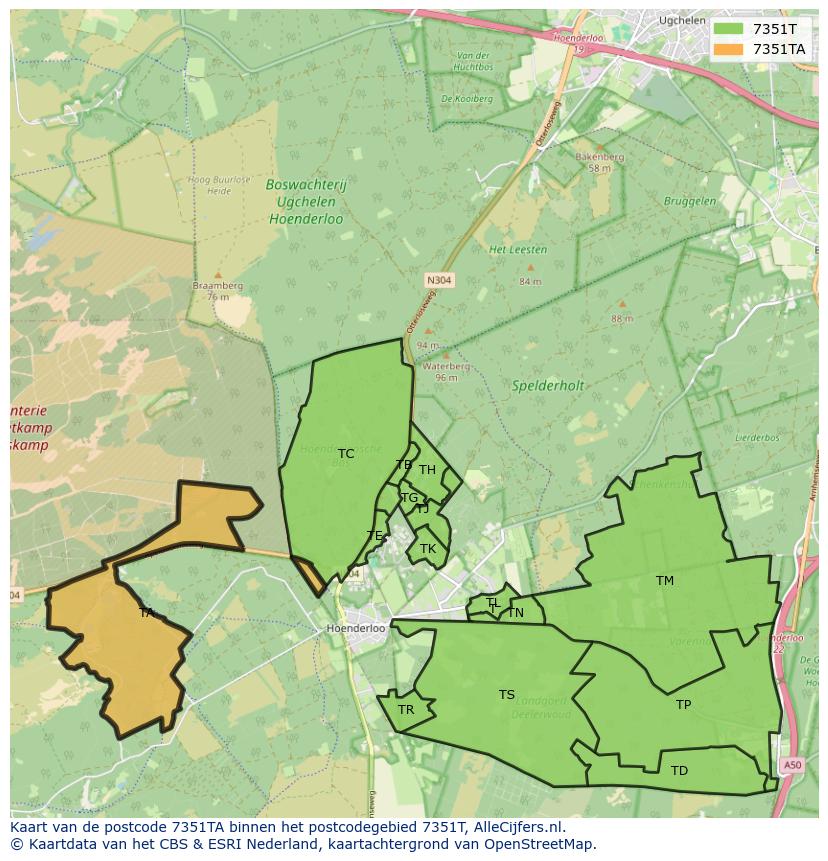 Afbeelding van het postcodegebied 7351 TA op de kaart.