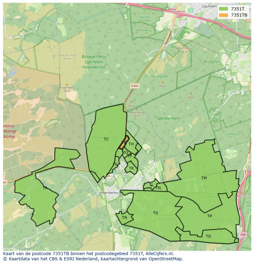 Afbeelding van het postcodegebied 7351 TB op de kaart.