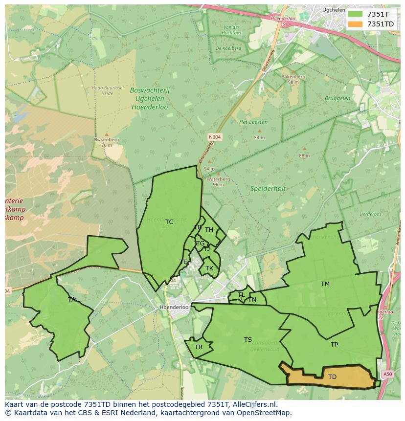 Afbeelding van het postcodegebied 7351 TD op de kaart.