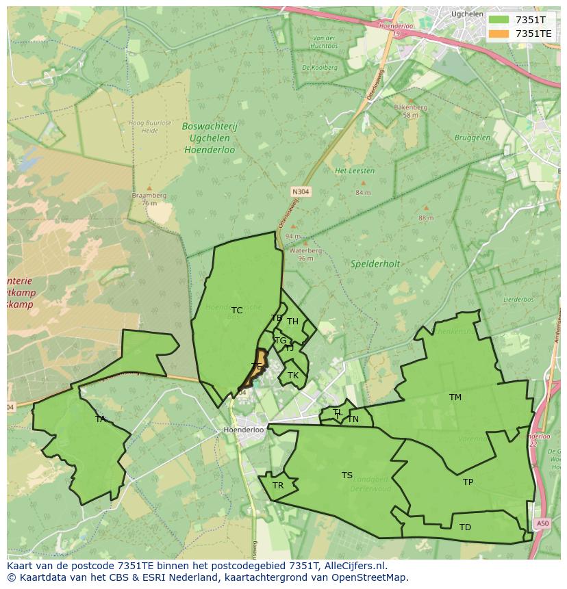 Afbeelding van het postcodegebied 7351 TE op de kaart.