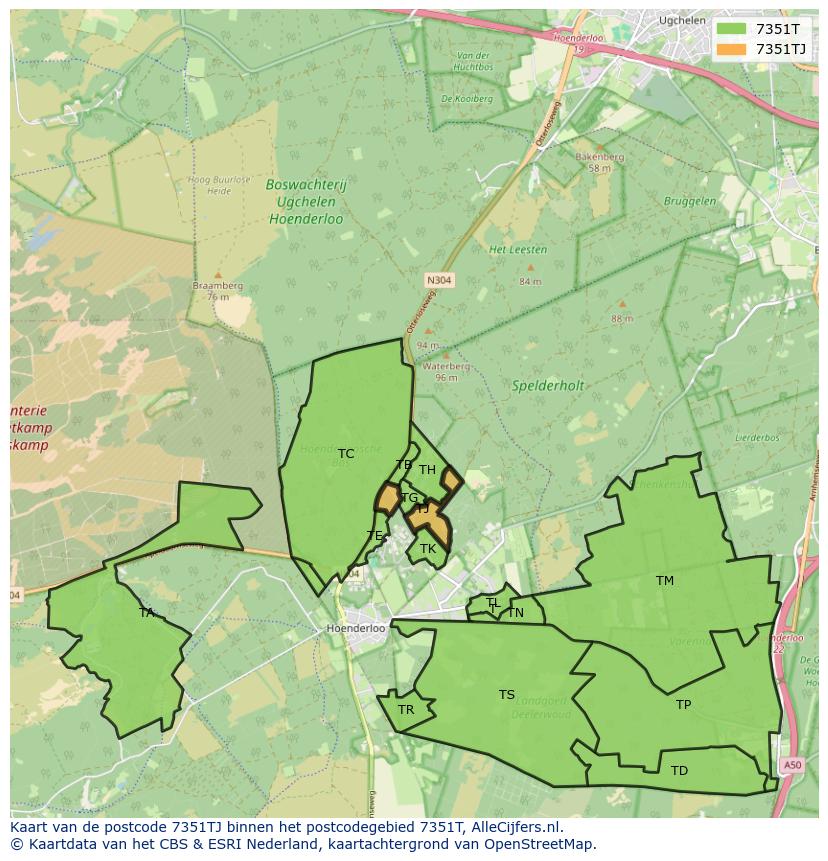 Afbeelding van het postcodegebied 7351 TJ op de kaart.