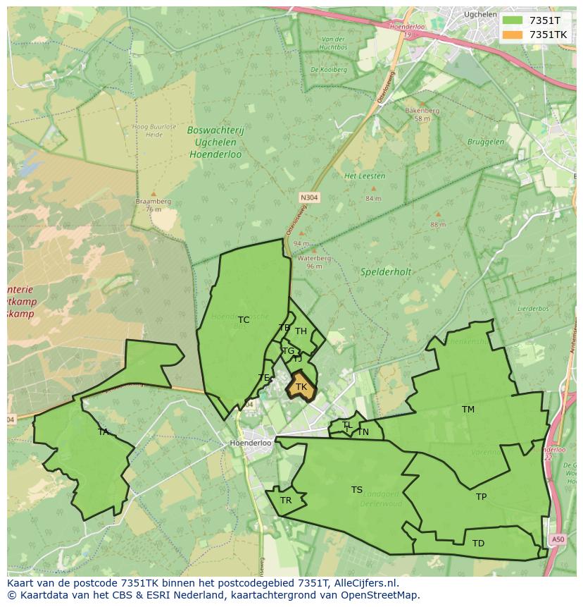 Afbeelding van het postcodegebied 7351 TK op de kaart.