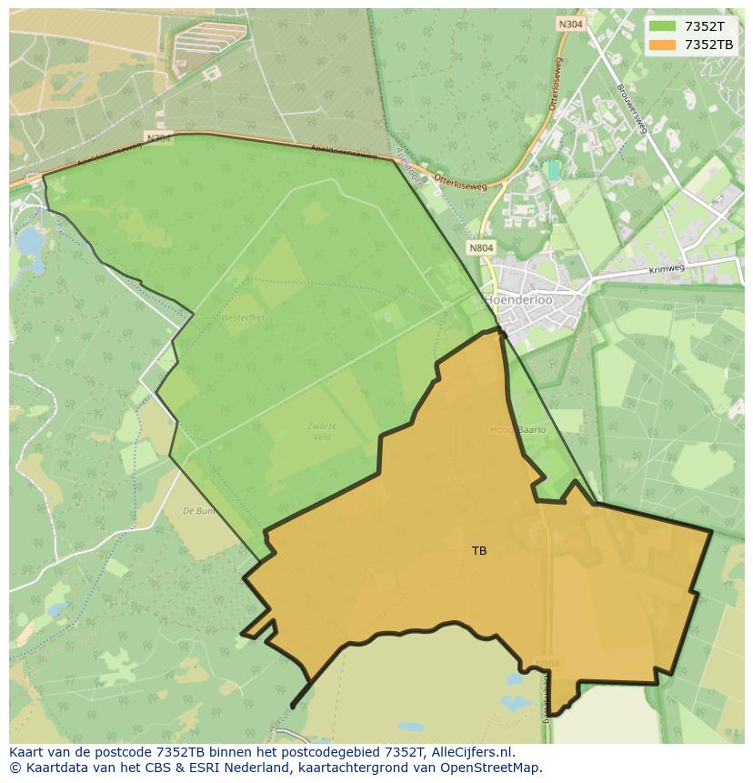 Afbeelding van het postcodegebied 7352 TB op de kaart.