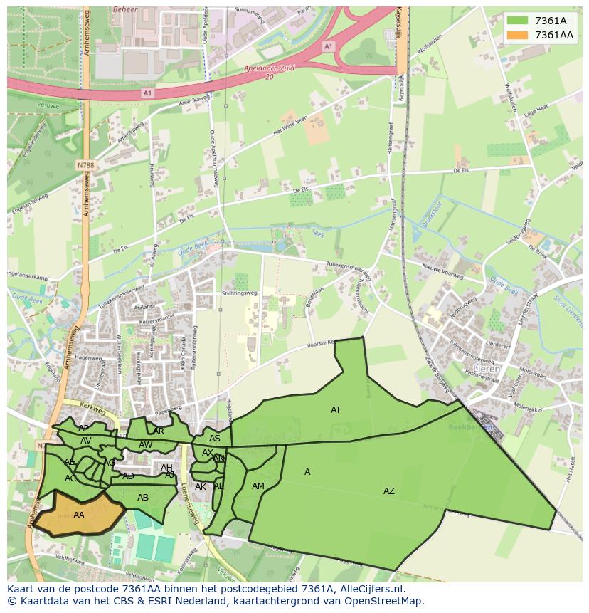 Afbeelding van het postcodegebied 7361 AA op de kaart.