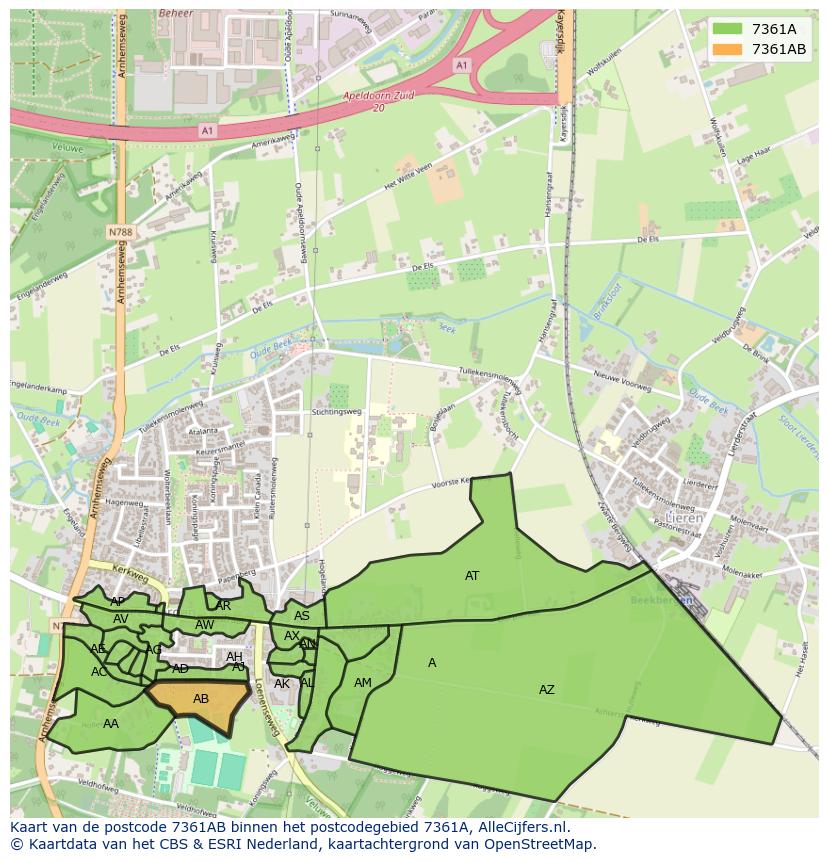 Afbeelding van het postcodegebied 7361 AB op de kaart.