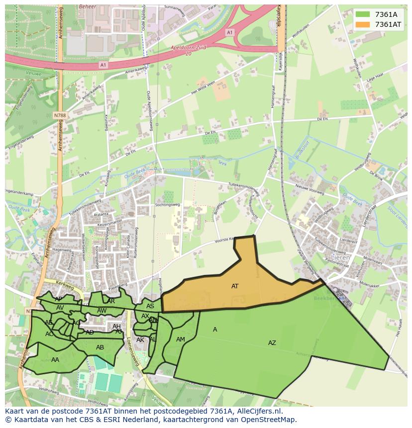 Afbeelding van het postcodegebied 7361 AT op de kaart.