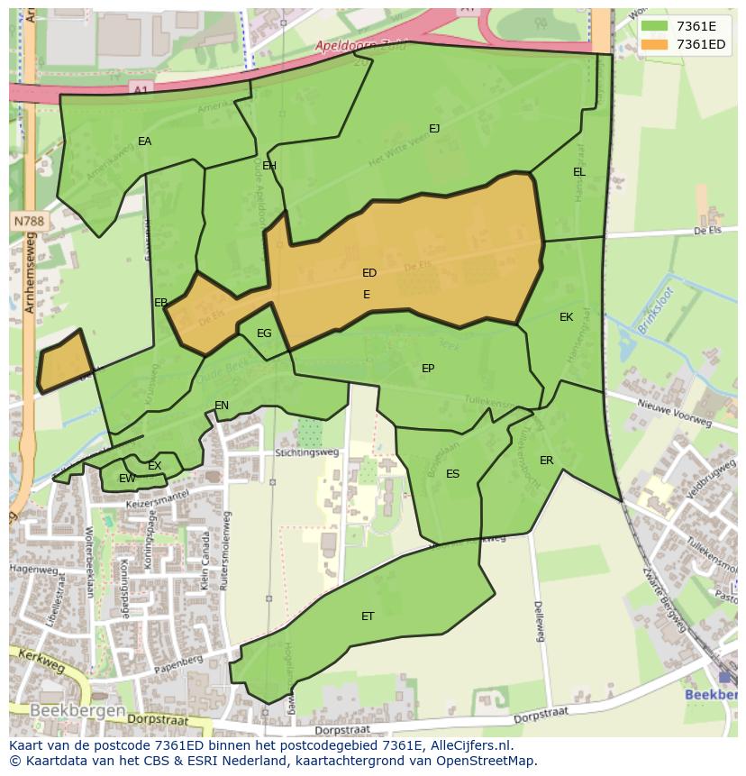 Afbeelding van het postcodegebied 7361 ED op de kaart.