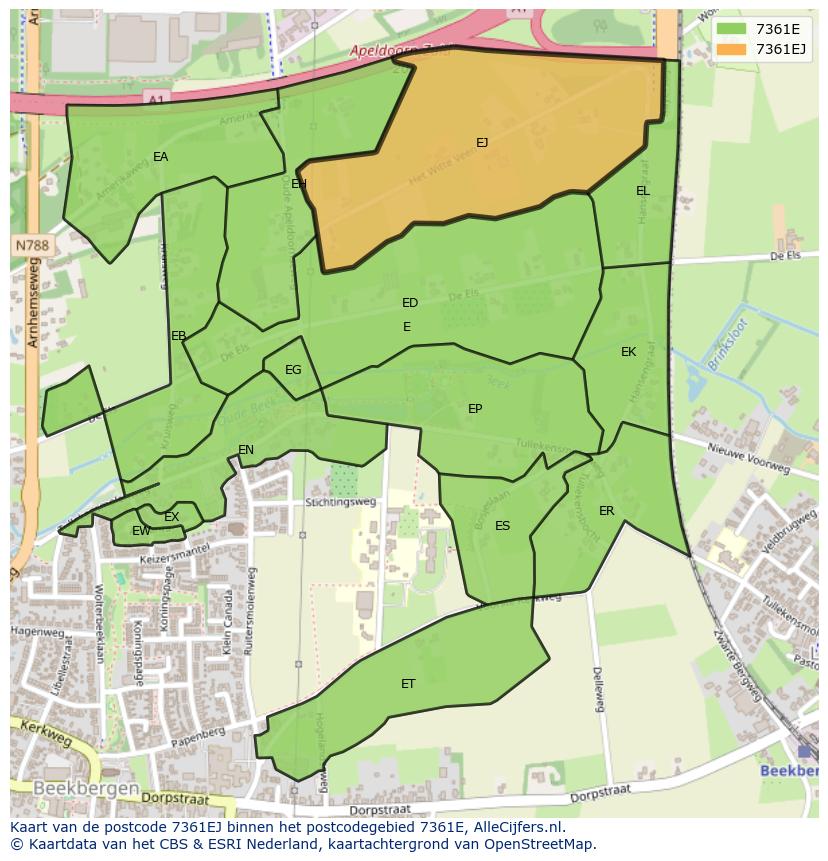 Afbeelding van het postcodegebied 7361 EJ op de kaart.