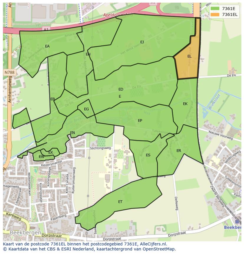 Afbeelding van het postcodegebied 7361 EL op de kaart.