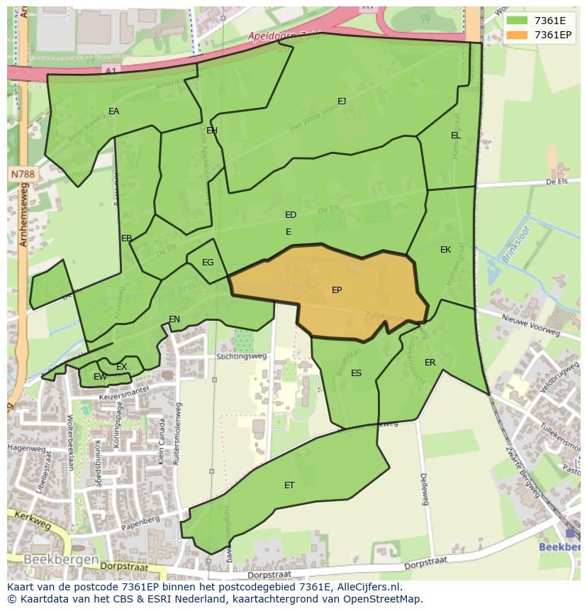 Afbeelding van het postcodegebied 7361 EP op de kaart.
