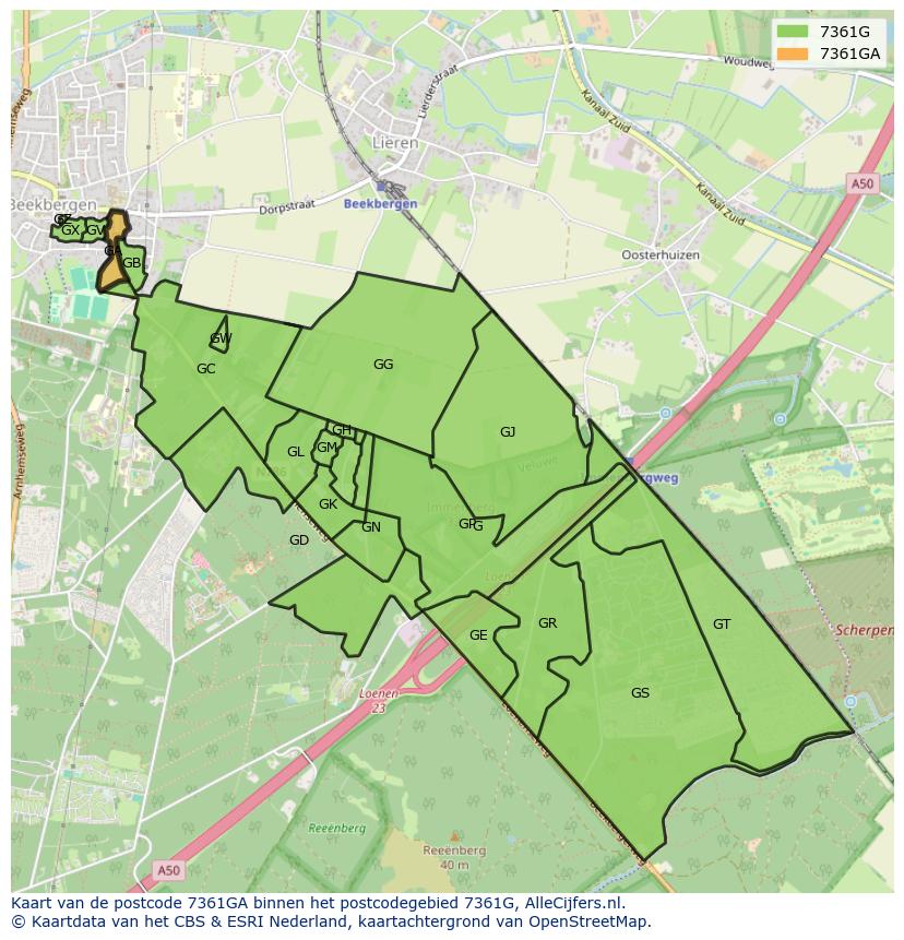 Afbeelding van het postcodegebied 7361 GA op de kaart.