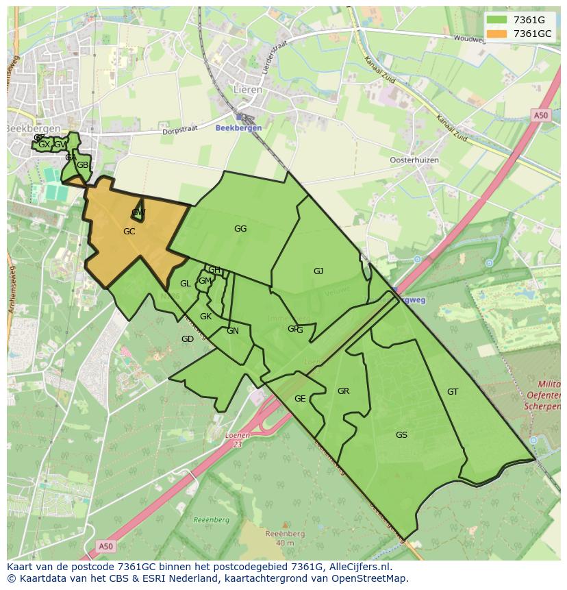 Afbeelding van het postcodegebied 7361 GC op de kaart.