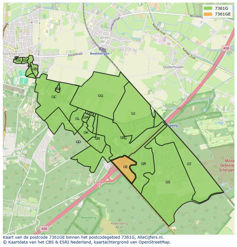 Afbeelding van het postcodegebied 7361 GE op de kaart.