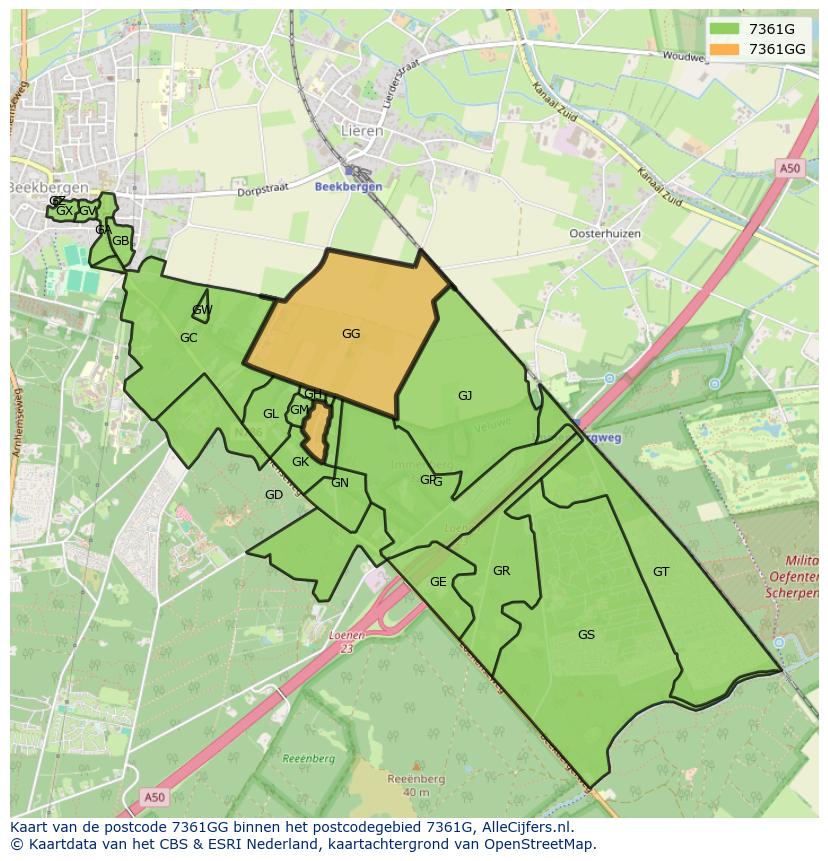 Afbeelding van het postcodegebied 7361 GG op de kaart.